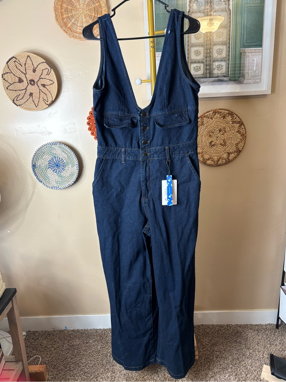 Cider Dark Blue Denim Button-Front Jumpsuit